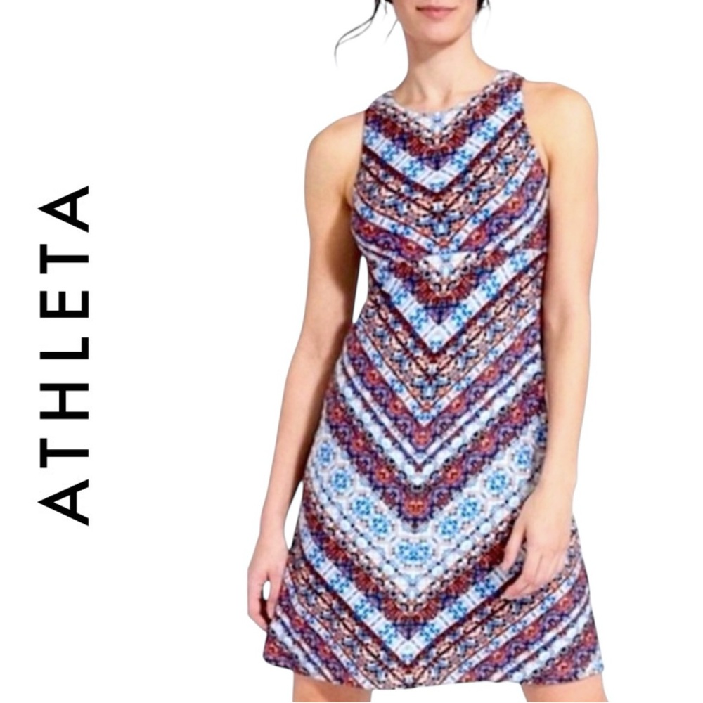 Athleta Santorini Theta Dress Boho Red Blue Print Knee-Length Size Large